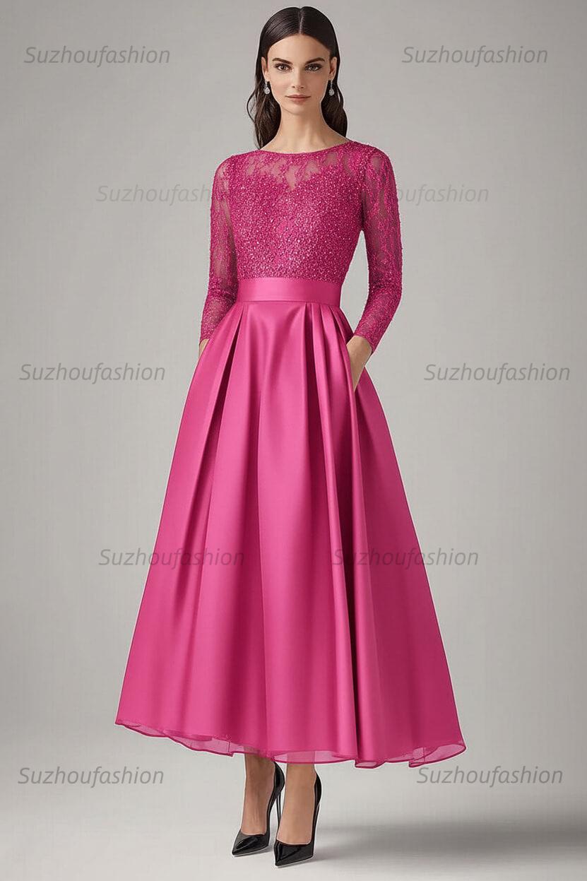 Navy Wedding Guest Dress Beaded A Line Long Sleeves Formal Dress With Lace