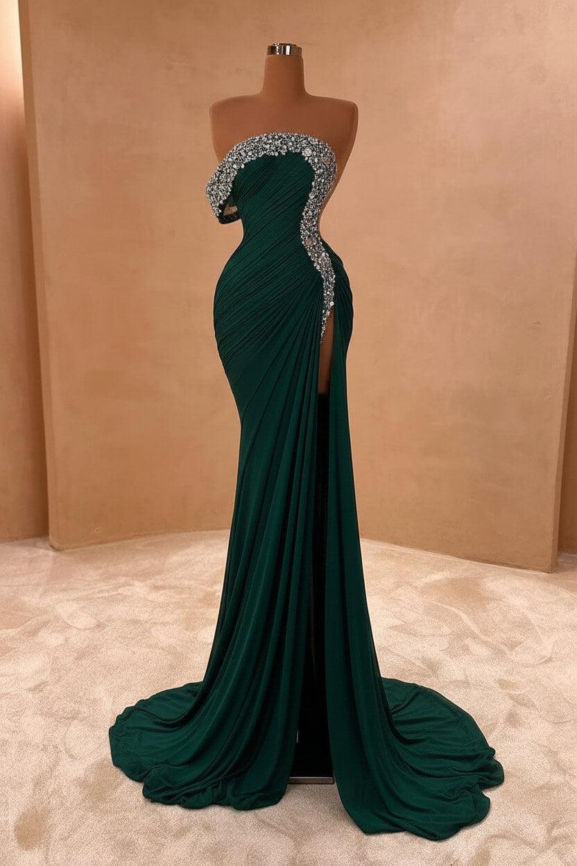 One Shoulder Sleeveless Long Split Evening Formal Dress With Pleated Sequined