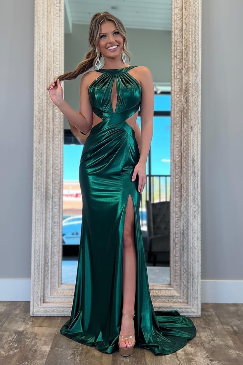 Suzhoufashion Stylish Fuchsia Metallic Mermaid Prom Dress With Slit And Open Back Formal Evening Gown