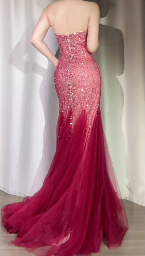 Sparkly Burgundy Strapless Tulle Beaded Mermaid Long Evening Dress Formal Birthday Party Dress - View 5 | VelvetHem