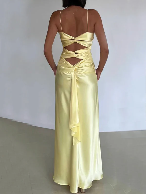 Sexy Spaghetti Strap Yellow Mermaid Satin Evening Prom Dress,Long Party Dress - View 2 | VelvetHem