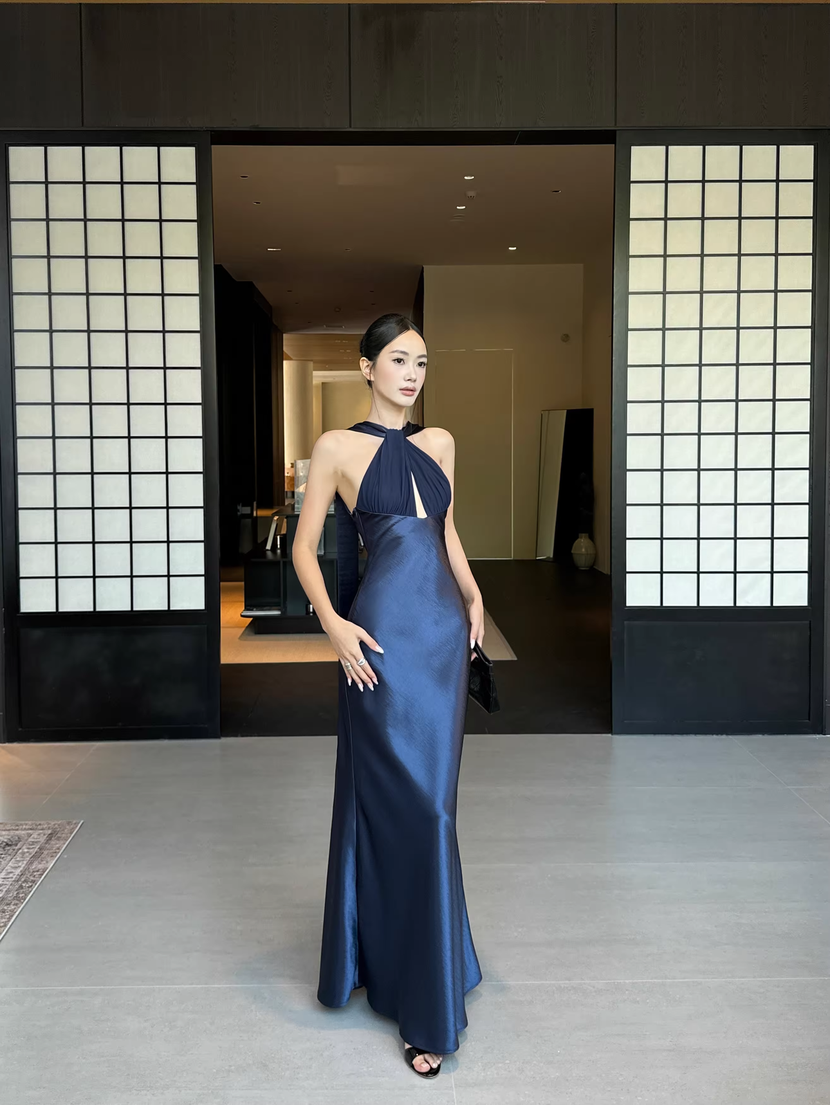 Classy Sleeveless Navy Blue Satin Mermaid Long Wedding Guest Dress Formal Backless Party Dress Evening Gown - View 4 | VelvetHem