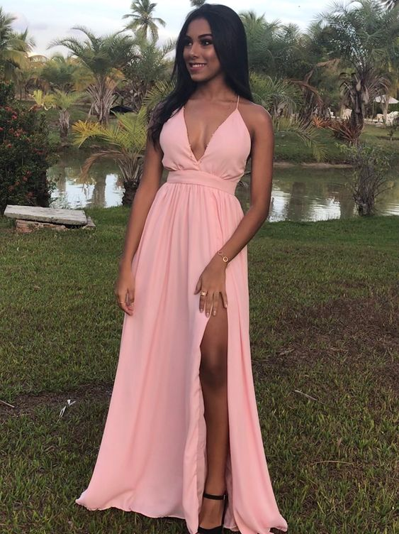 A Line V Neck Pink Chiffon Long Prom Dress, With High Slit V Neck Pink Formal Graduation Evening Dress - VelvetHem
