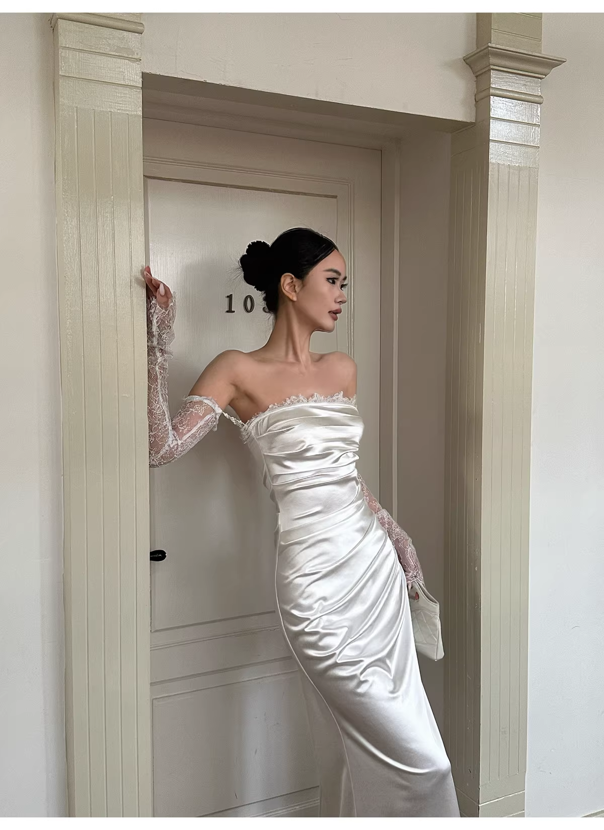 Classy White Off The Shoulder Satin Lace Mermaid Long Wedding Guest Dress Formal Evening Dress Prom Gown - View 9 | VelvetHem