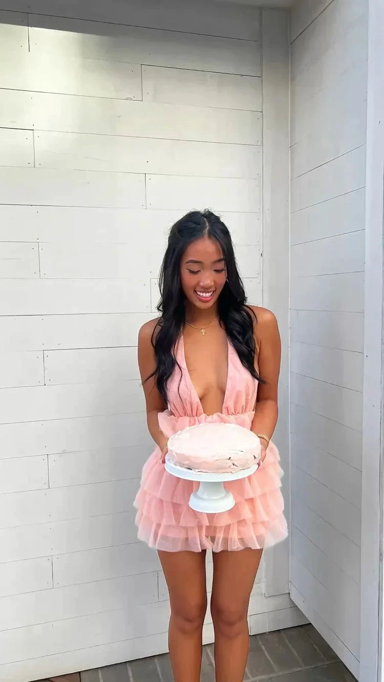 Cute Deep V Neck Pink Homecoming Dress Pink Birthday Party Dress (ZD12382)