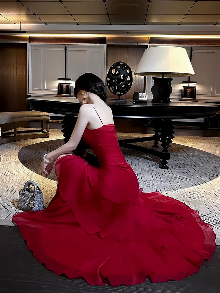 Beautiful Red Chiffon Layered Evening Dress Spaghetti Straps Prom Party Dress