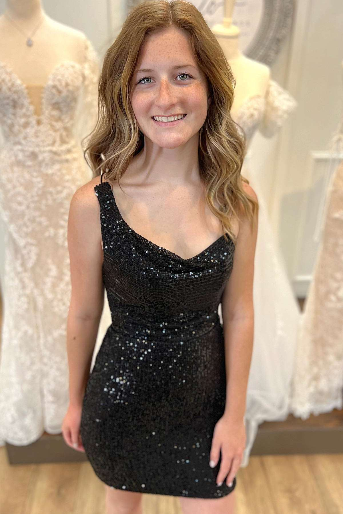 Asymmetrical Black Sequin Lace-Up Short Homecoming Dress - VelvetHem