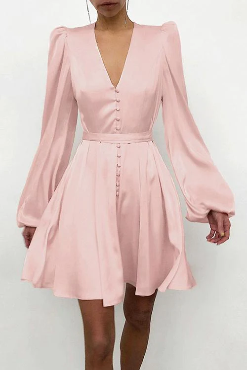 Satin V Neck Puff Long Sleeve Mini Dress Black Short Party Dress - View 3 | VelvetHem