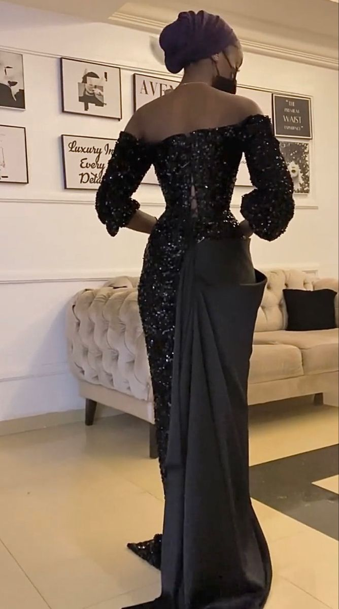 Unique Black Satin Sequins Long Prom Dress Sexy Party Evening Gown - View 3 | VelvetHem