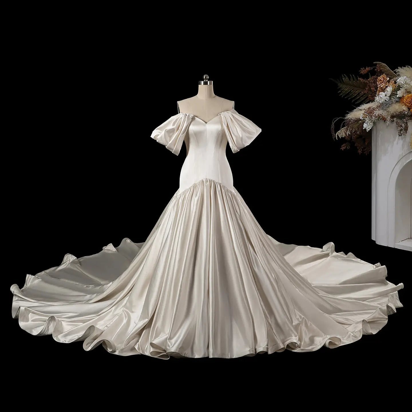 Romantic White Satin Off-the-Shoulder Puff Sleeve Ball Gown Wedding Dress ZP113