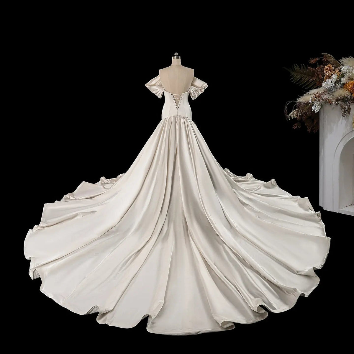 Romantic White Satin Off-the-Shoulder Puff Sleeve Ball Gown Wedding Dress ZP113