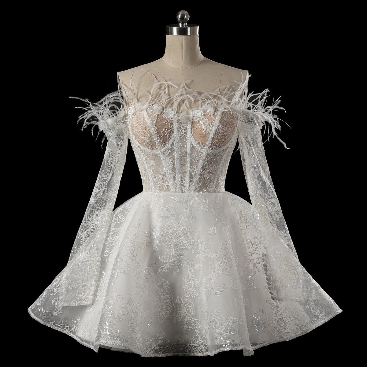 Elegant White Off-Shoulder Feather Lace Corset Mini Wedding Dress ZP061