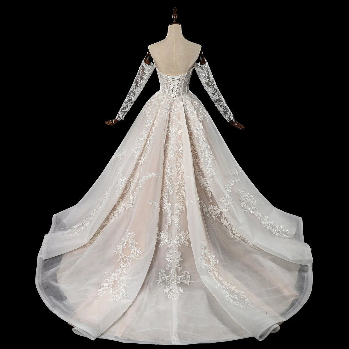 Elegant Ivory Strapless Corset Lace Tulle Bridal Gown Wedding Dress with Long Detachable Sleeves ZP067