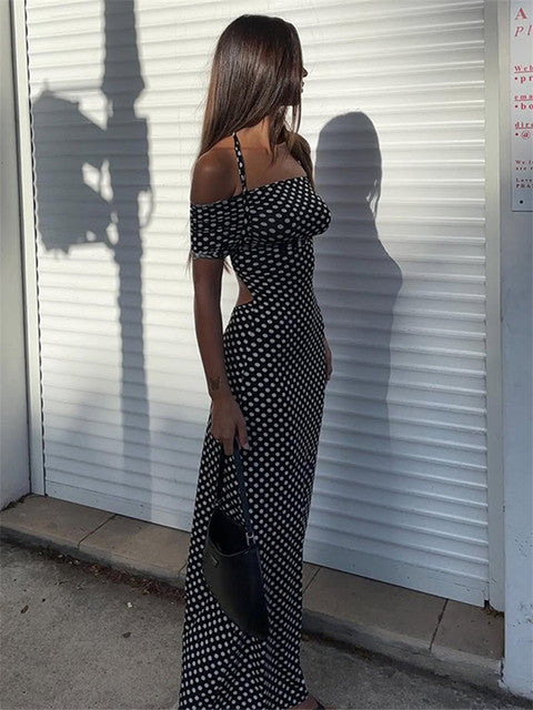 Black Polka Dot Off - shoulder Maxi Dress