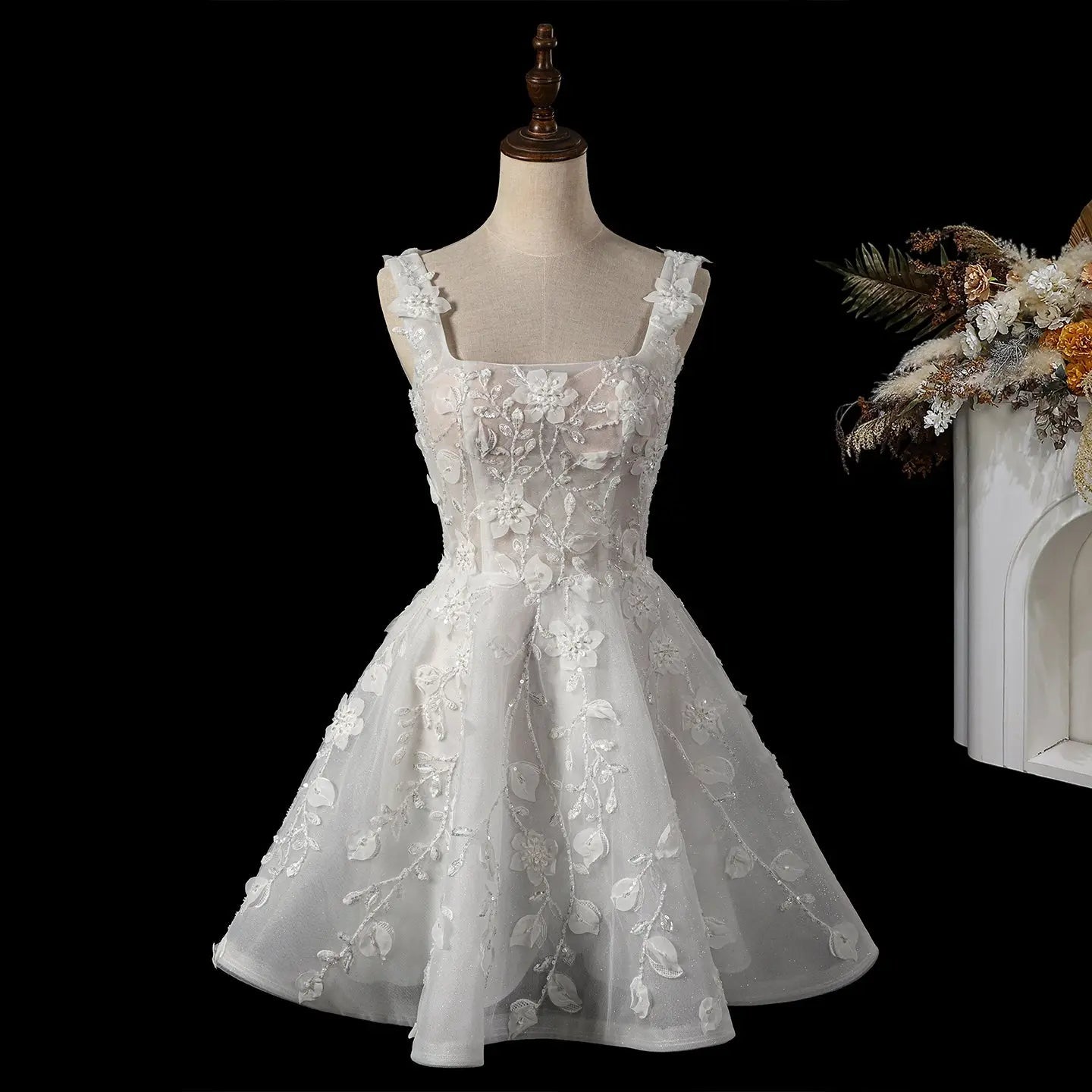Luxury Off White 3D Floral Appliqué Short Wedding Dress with Sparkle Tulle ZP049