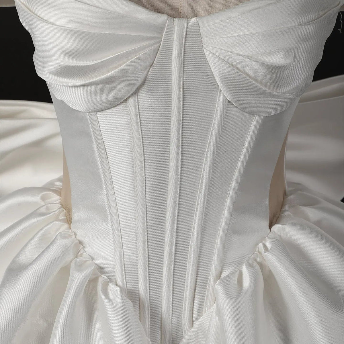 Elegant Lvory Off-the-Shoulder Satin Wedding Dress with Large Bow ZP051