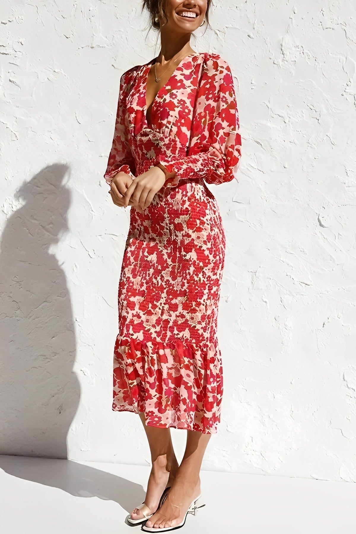 Felicia Floral Bishop Sleeve Midi Dress for Women Weekend Casual Style