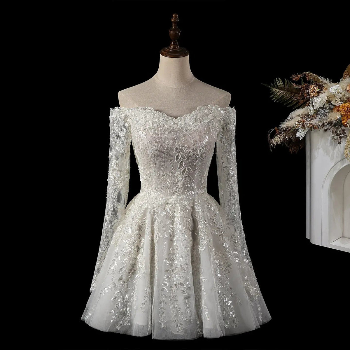 Elegant Off White Off-the-Shoulder Lace Short Wedding Dress ZP048