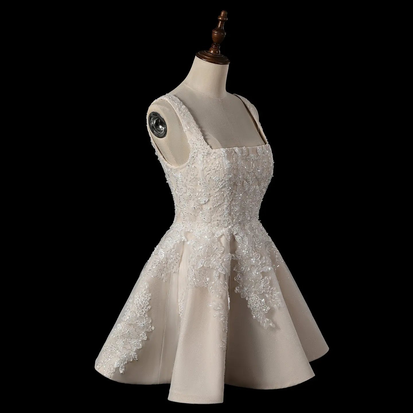 Romantic Champagne Sleeveless A-Line Short Wedding Dress with Deep V Back ZP046