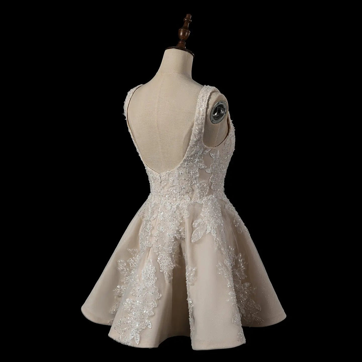 Romantic Champagne Sleeveless A-Line Short Wedding Dress with Deep V Back ZP046