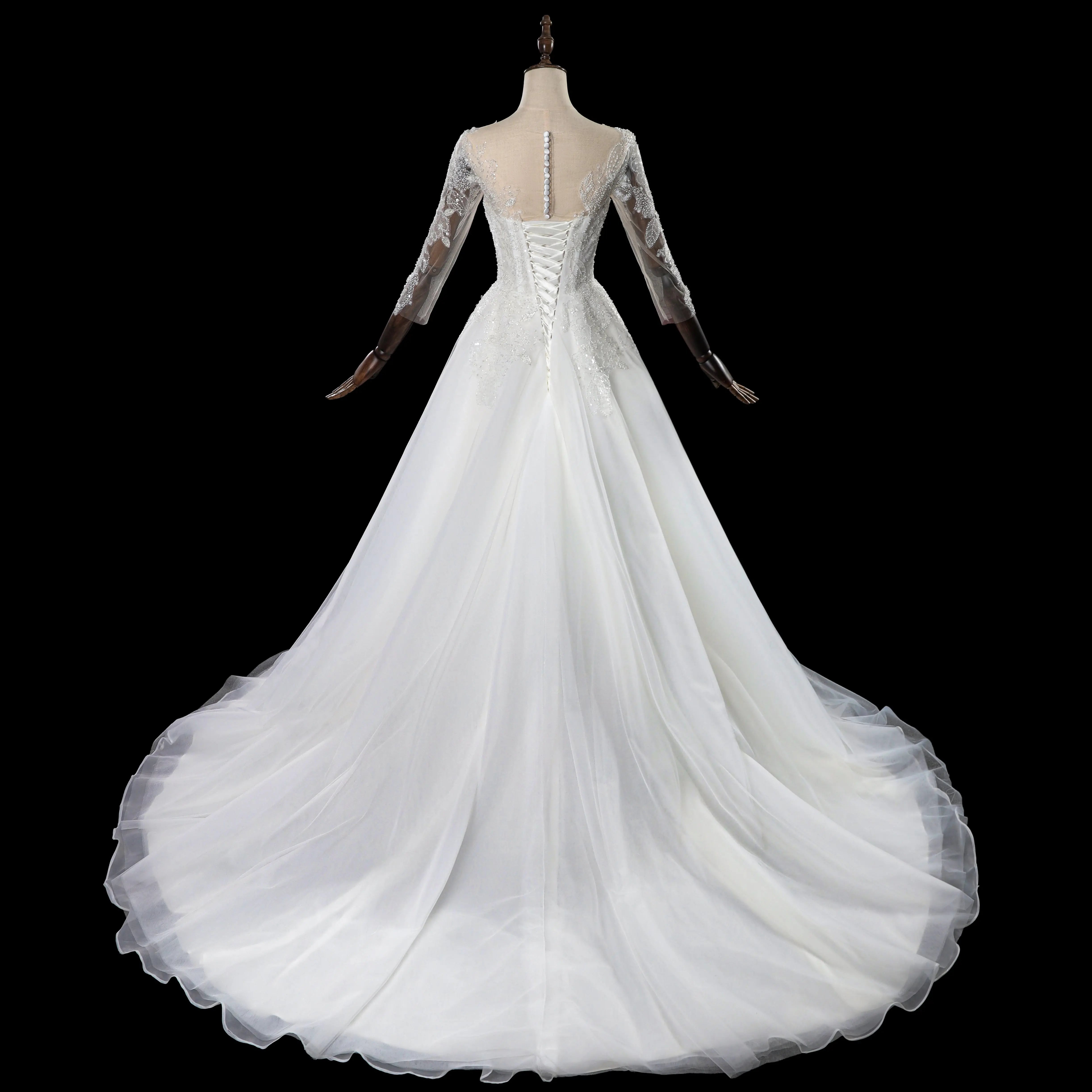 Glamorous White Illusion Neck Lace & Tulle Wedding Dress with Cathedral Train ZP063
