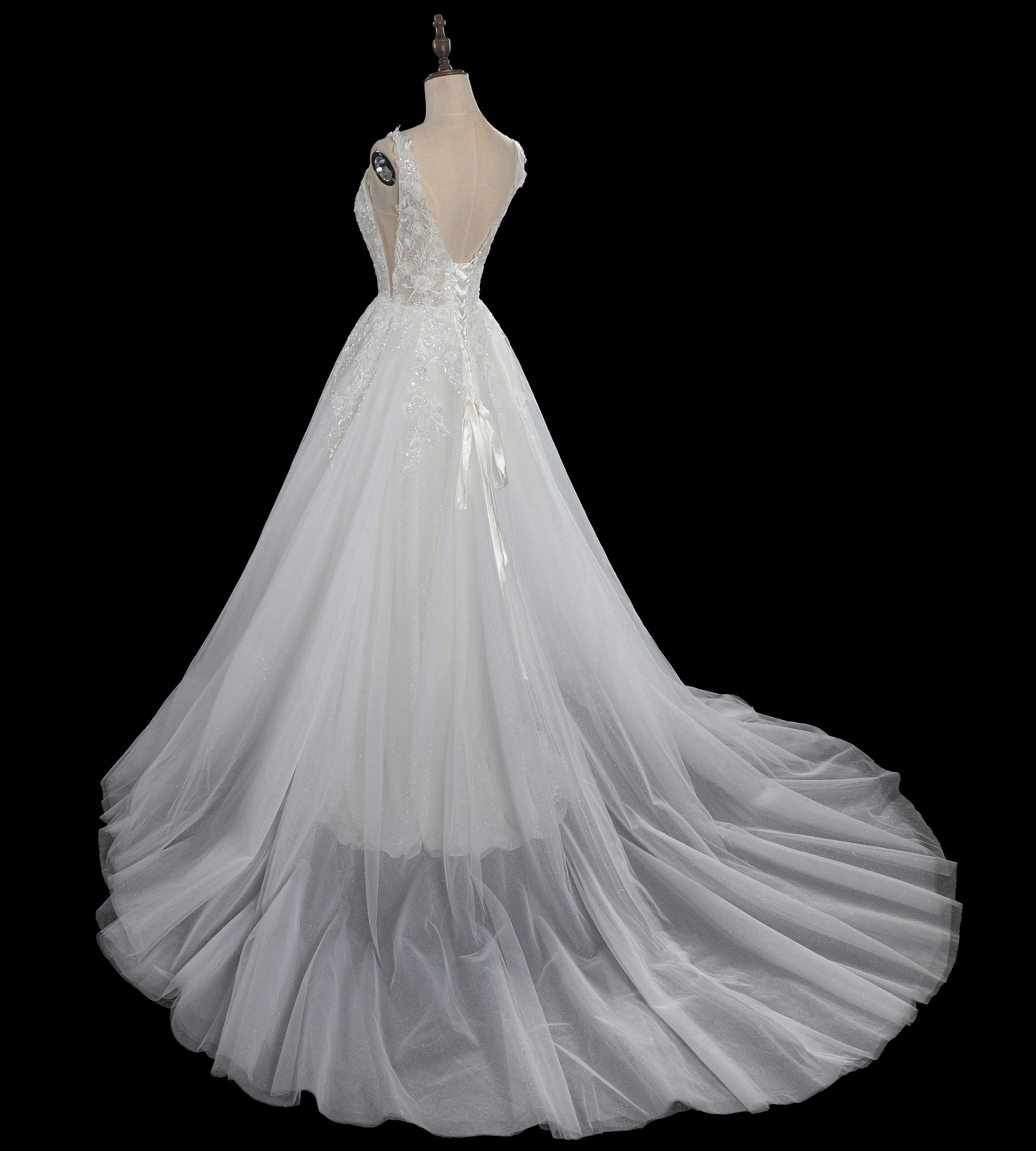 Dreamy White Glitter Tulle Wedding Dress with Lace Bodice and Corset Back ZP054