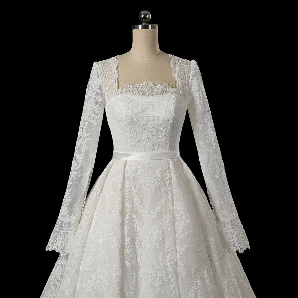 Luxury White Lace Long Sleeve Square Neck Wedding Dress with Veil ZP136