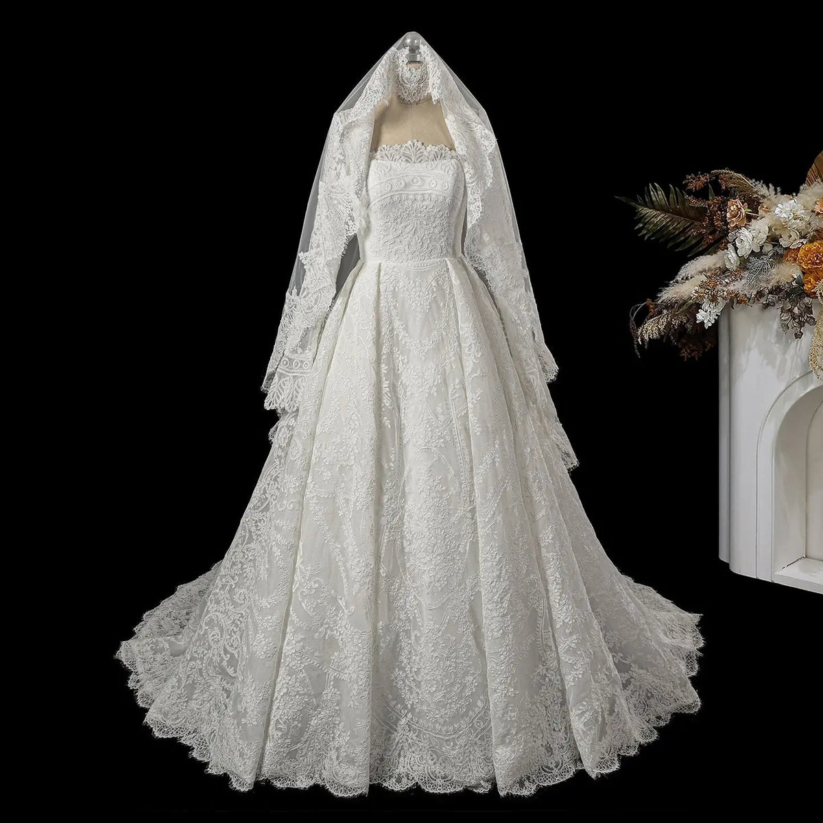 Luxury White Lace Long Sleeve Square Neck Wedding Dress with Veil ZP136