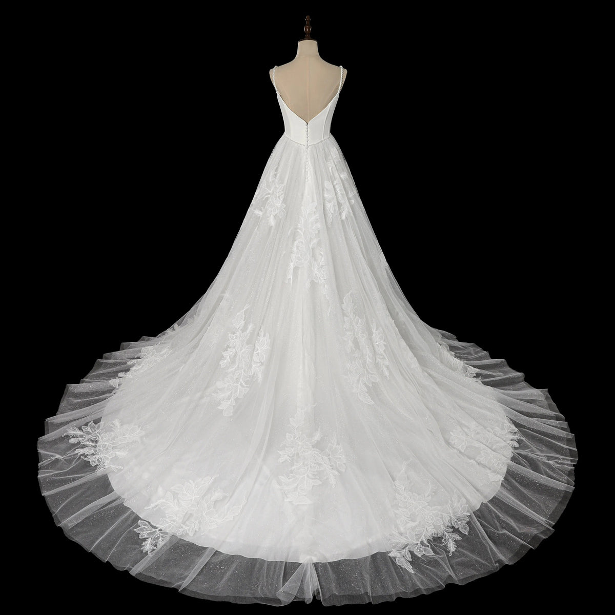 Elegant White Spaghetti Strap Satin Bodice Lace Tulle Wedding Dress with Train ZP065