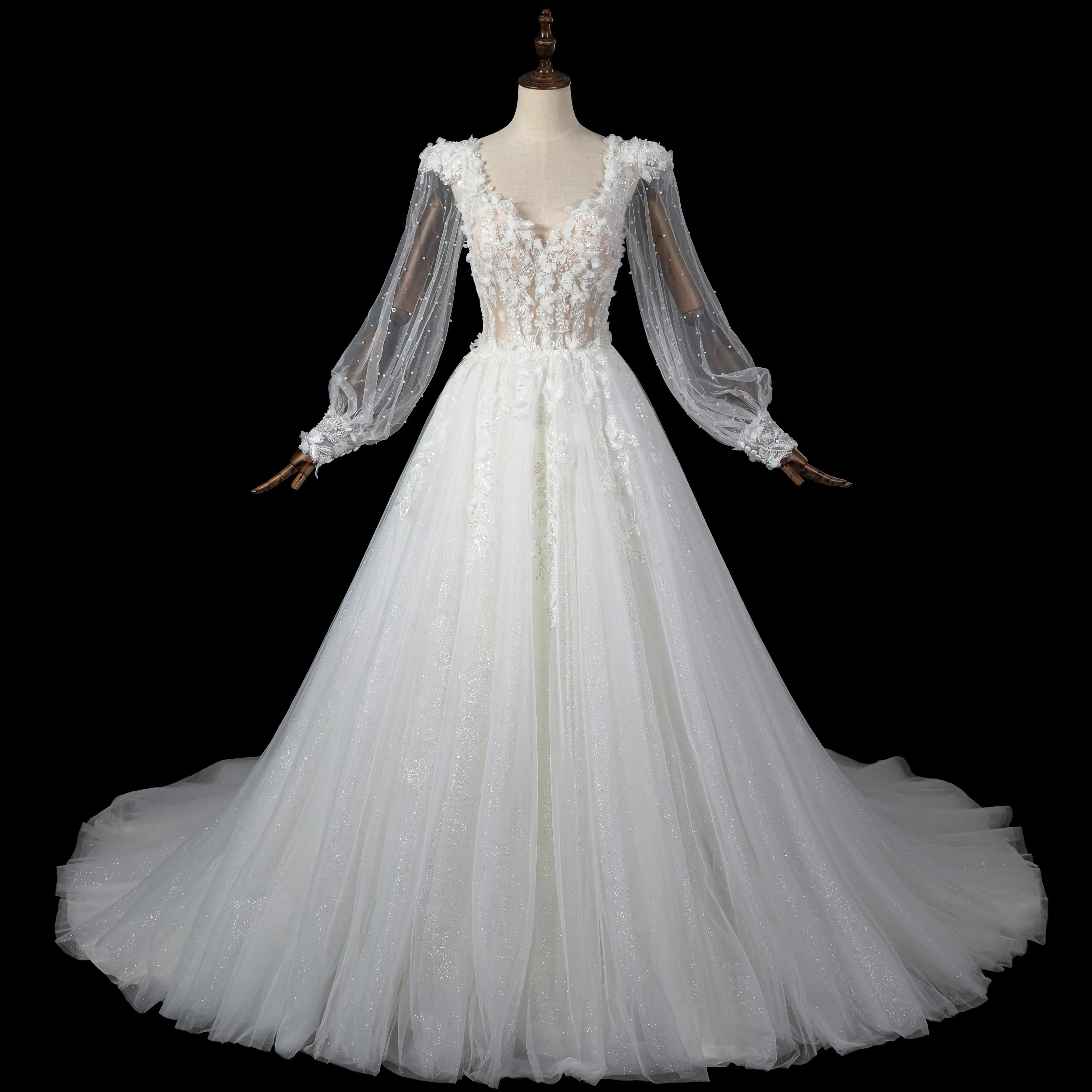 Elegant White V-Neck Long Sleeve Lace-Up Back A-Line Wedding Dress ZP060