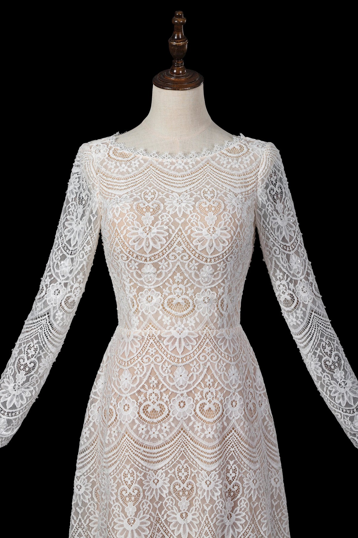 Glamorous White Long Sleeve Lace Wedding Dress with Removable Chiffon Overlay ZP058