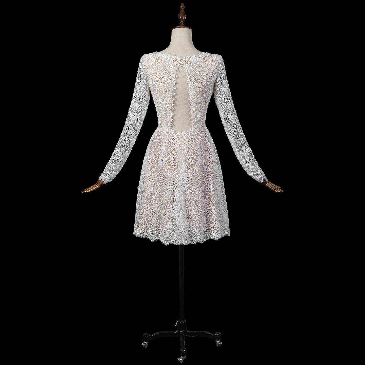Glamorous White Long Sleeve Lace Wedding Dress with Removable Chiffon Overlay ZP058