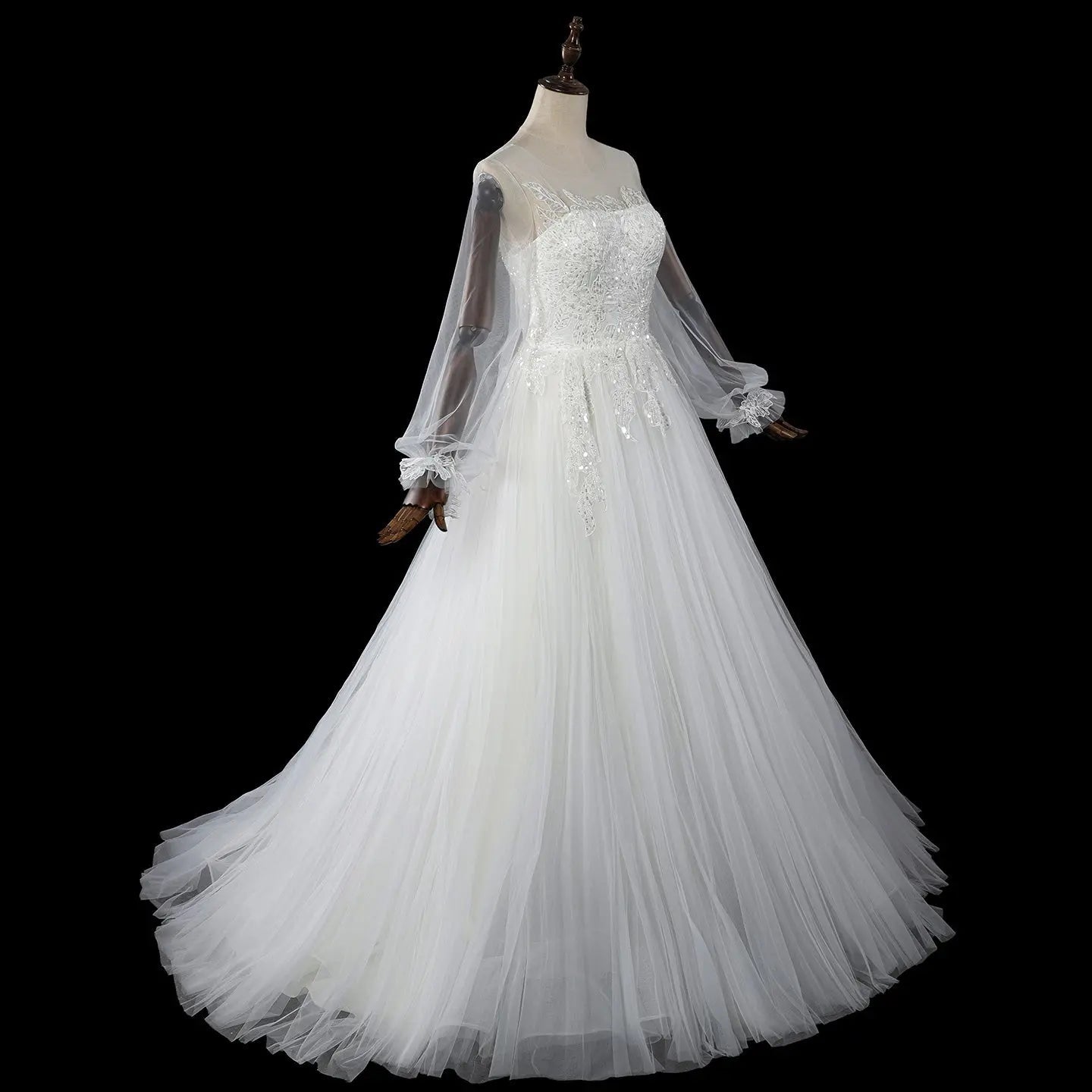 Elegant White Long Sheer Sleeve A-Line Tulle Wedding Dress with Lace Appliqués ZP057