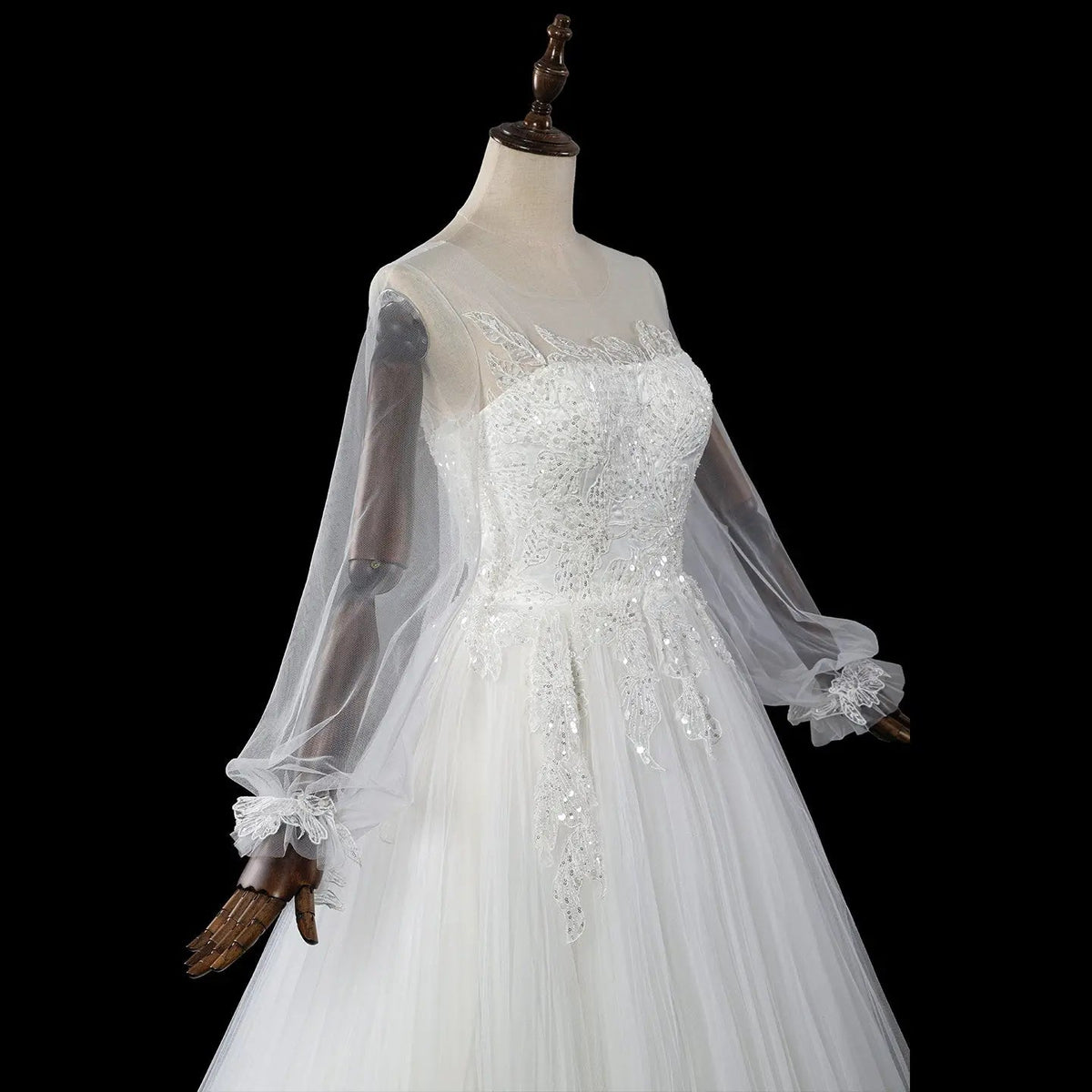 Elegant White Long Sheer Sleeve A-Line Tulle Wedding Dress with Lace Appliqués ZP057