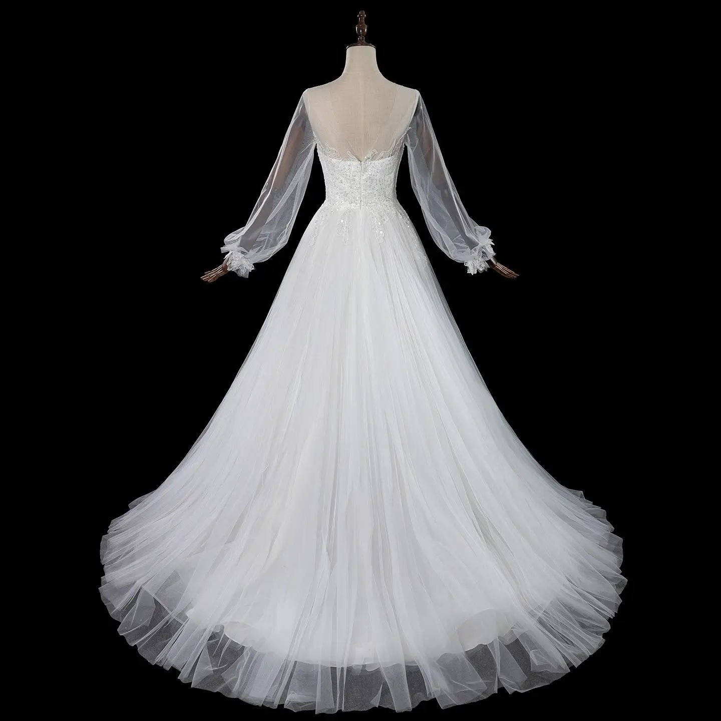 Elegant White Long Sheer Sleeve A-Line Tulle Wedding Dress with Lace Appliqués ZP057