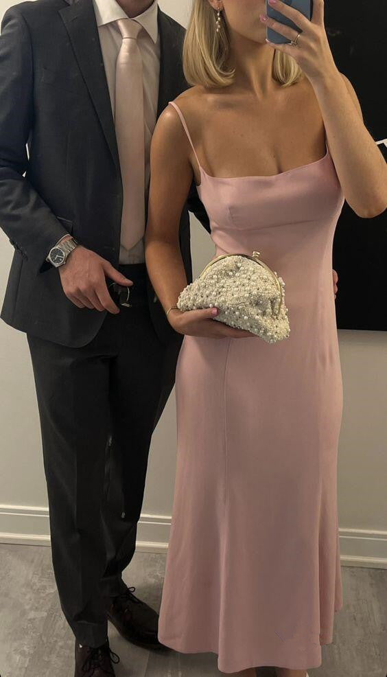 Simple Pink Spaghetti Straps Prom Dress Pink Evening Dress Y7409