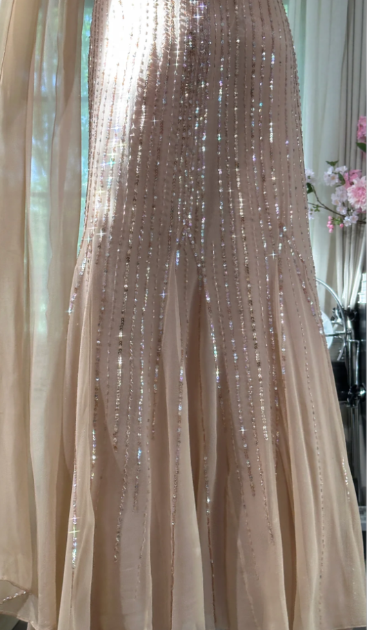 Sparkly Spaghetti Straps Chiffon Sequin Beaded Mermaid Long Party Dress Wedding Guest Dress