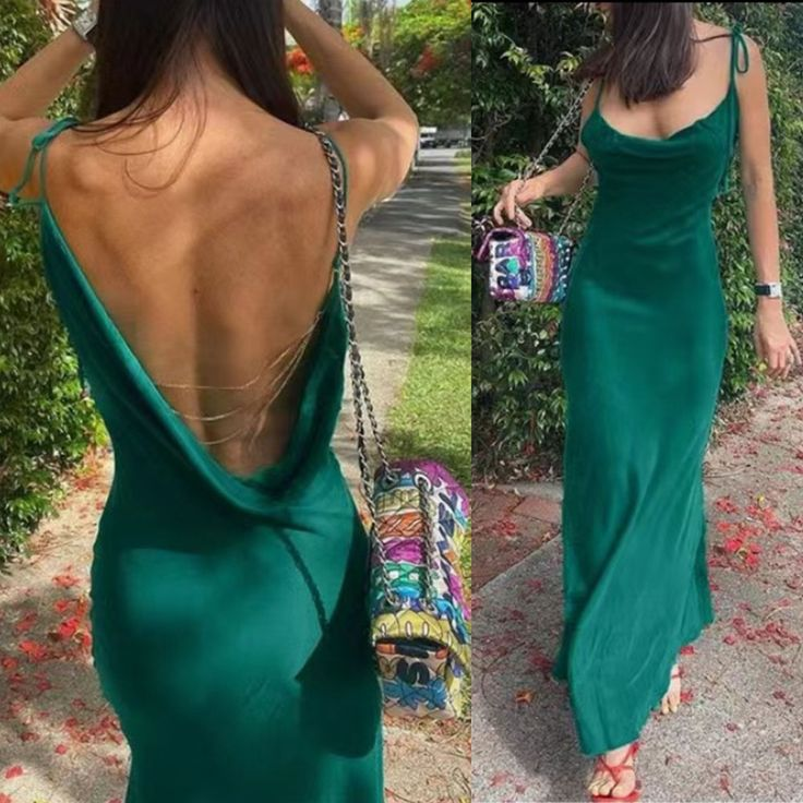 Vintage Spaghetti Straps Green Backless Prom Dress Long Party Evening Gown - View 3 | VelvetHem
