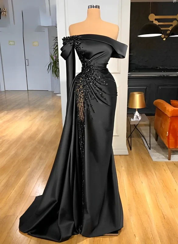Classic Sheath Off-The-Shoulder Satin Beaded Prom Dress Formal Party Evening Gown - View 2 | VelvetHem