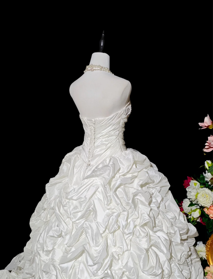 Retro Strapless Satin Pleated Beaded Ball Gown White Birthday Quinceanera Dress - View 4 | VelvetHem