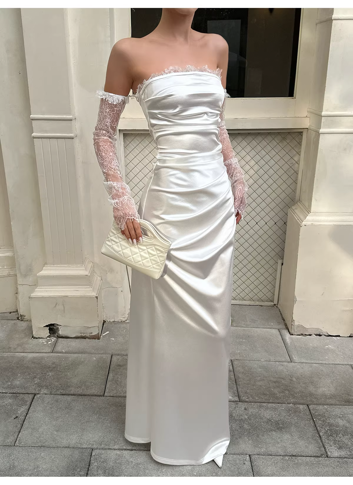 Classy White Off The Shoulder Satin Lace Mermaid Long Wedding Guest Dress Formal Evening Dress Prom Gown - View 3 | VelvetHem