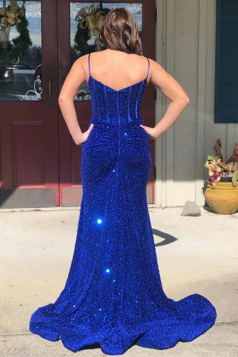 Royal Blue Sequin Split Neck Mermaid Long Prom Dress - VelvetHem