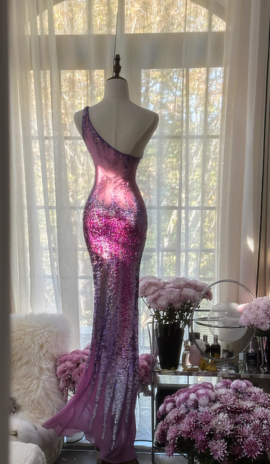 Glamorous Ombre Purple One Shoulder Chiffon Sequin Beaded Mermaid Long Evening Dress Birthday Party Dress - View 3 | VelvetHem