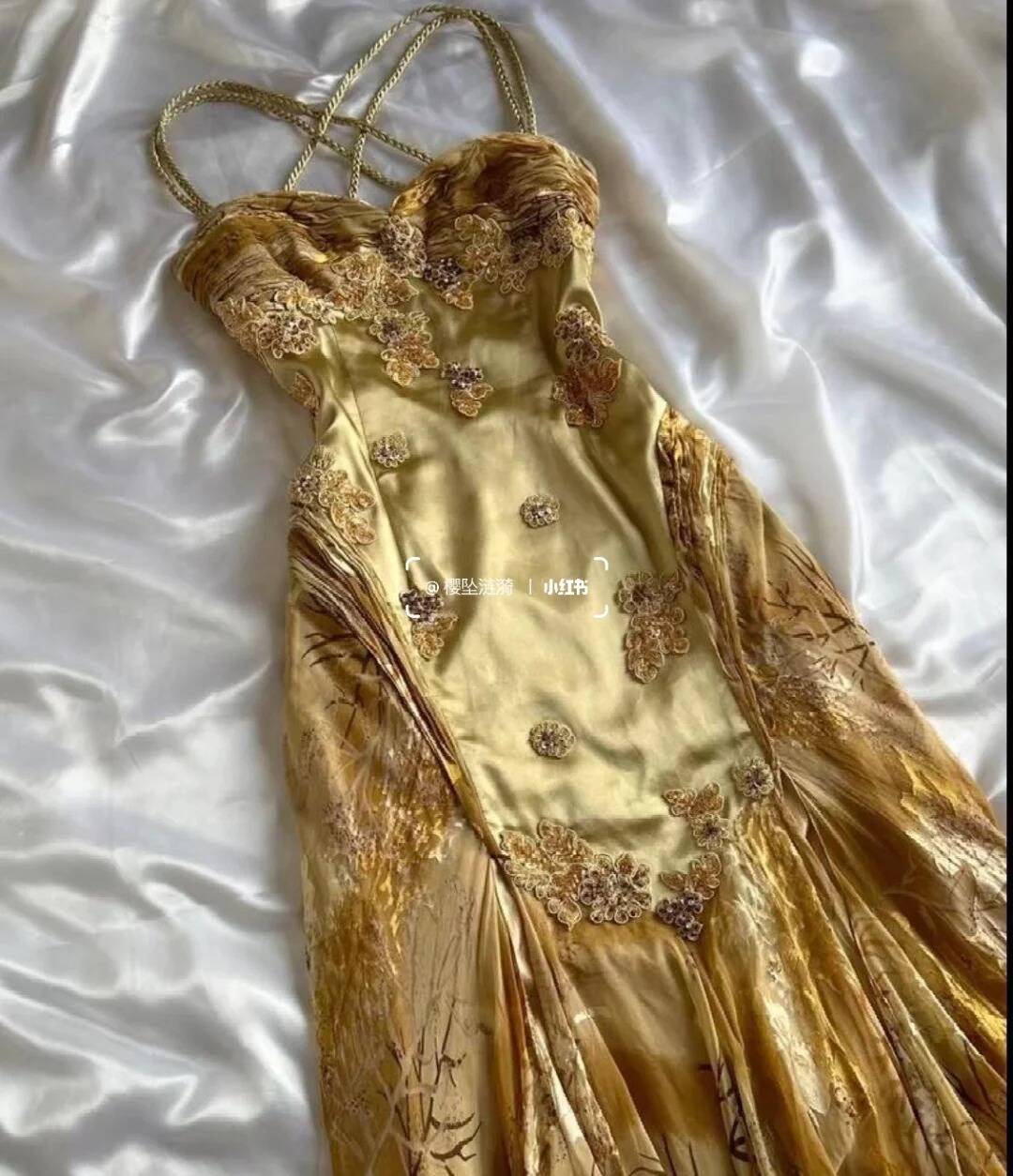 Gold Spaghetti Straps Mermaid Appliques Party Dress Evening Dress