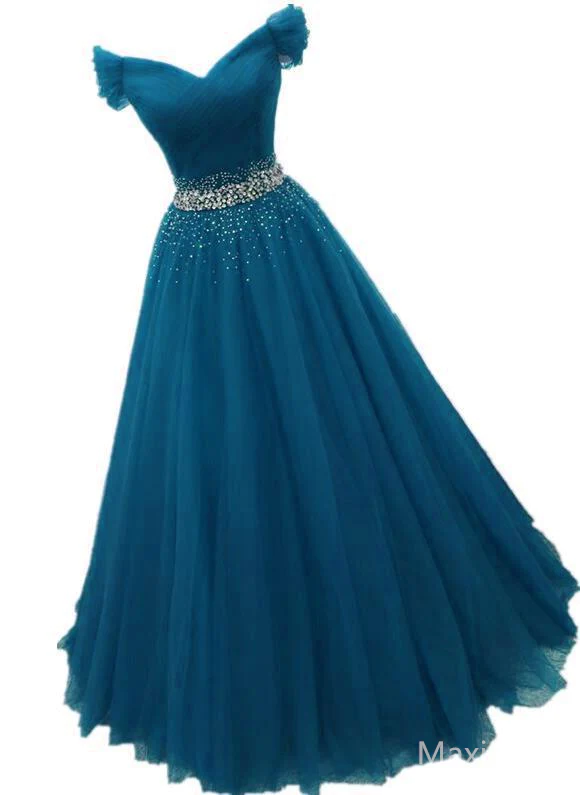 Charming Tulle Off Shoulder Beaded Waist Long Evening Dress, A-Line Prom Dress - VelvetHem