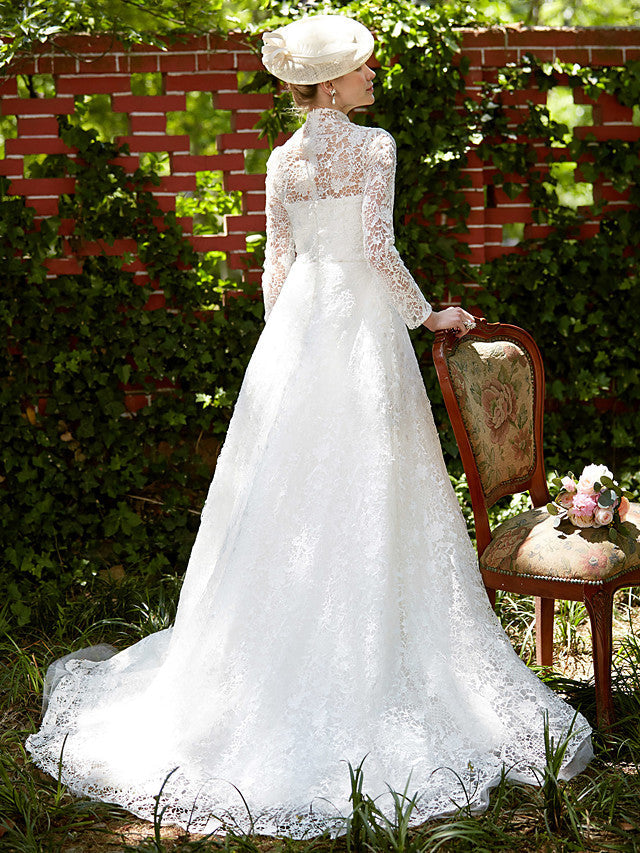 Illusion A-Line Beach Wedding Dress Floral Lace Long Sleeve Bridal Gowns Court Train