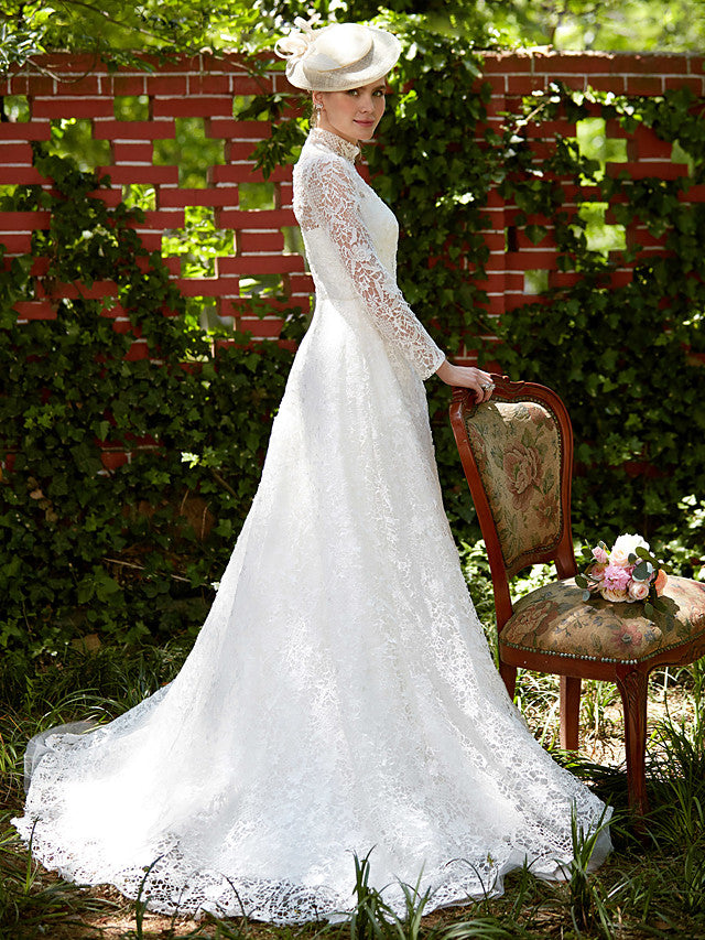 Illusion A-Line Beach Wedding Dress Floral Lace Long Sleeve Bridal Gowns Court Train