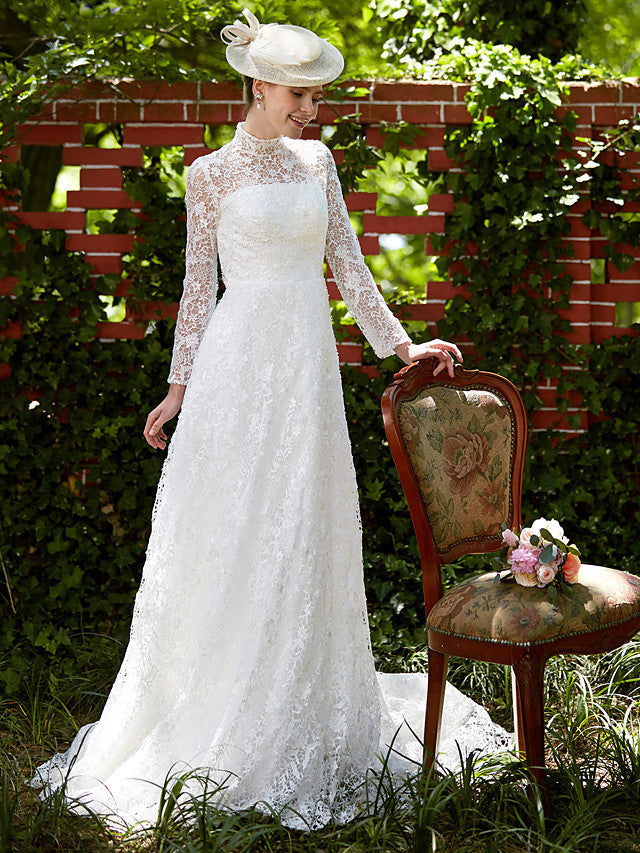 Illusion A-Line Beach Wedding Dress Floral Lace Long Sleeve Bridal Gowns Court Train