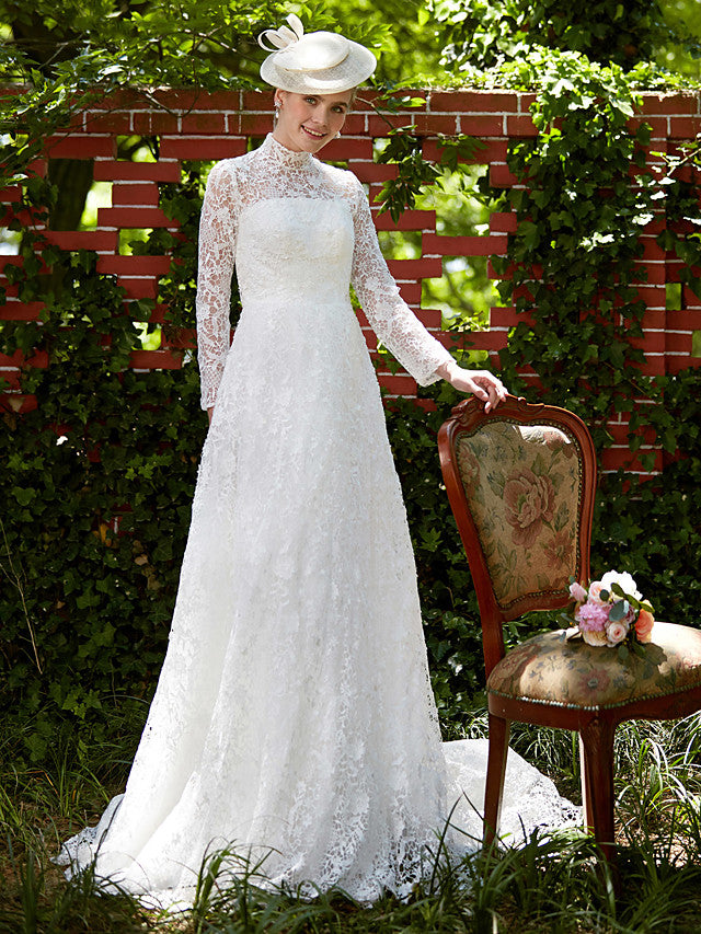 Illusion A-Line Beach Wedding Dress Floral Lace Long Sleeve Bridal Gowns Court Train