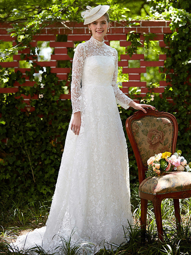 Illusion A-Line Beach Wedding Dress Floral Lace Long Sleeve Bridal Gowns Court Train